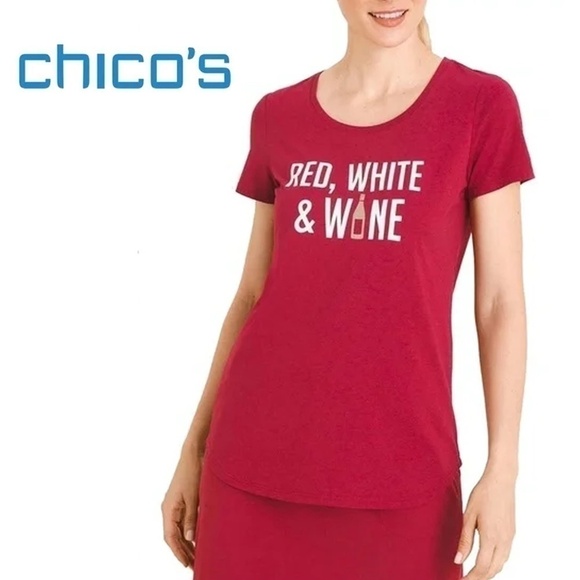 🌸 WINE, eh? Chico's Zenergy Red, White and Wine Shirt top tee shirt Cherry Red - Picture 1 of 9